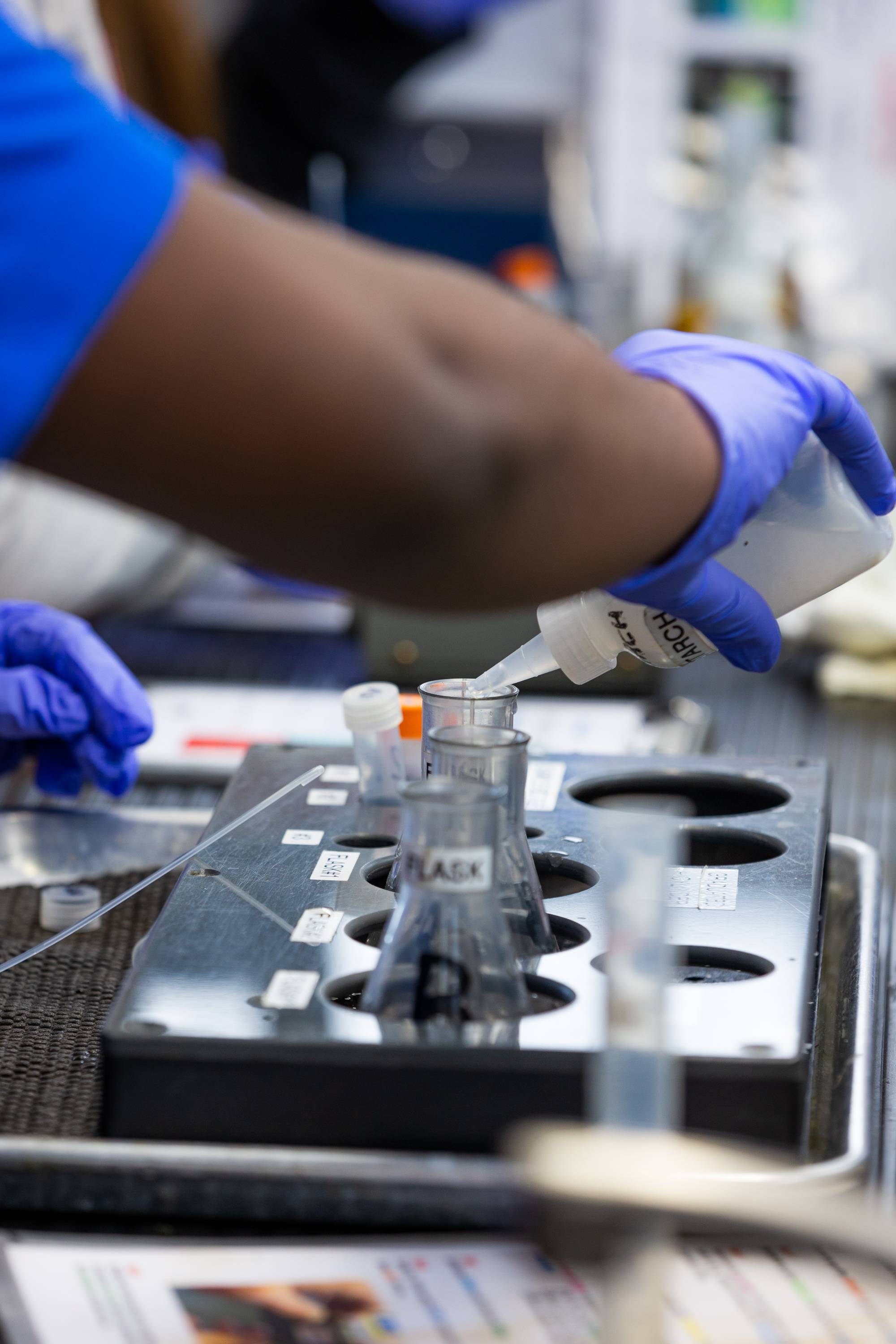 The hands of a student are visible pouring chemicals into an Erlenmeyer flask